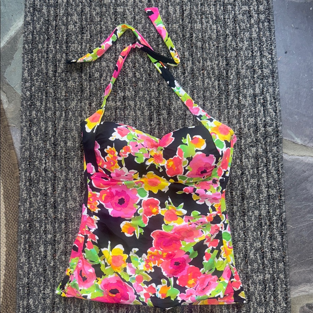 Damaged Ralph Lauren Black Floral Halter Swim Top with Bright Pink